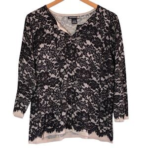 Sweaterworks | Black lace overlay knit beige trim cardigan sweater
